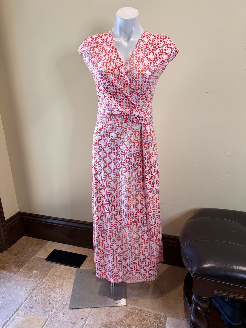 Lands' End Red and White Geometric Wrap Maxi Dress